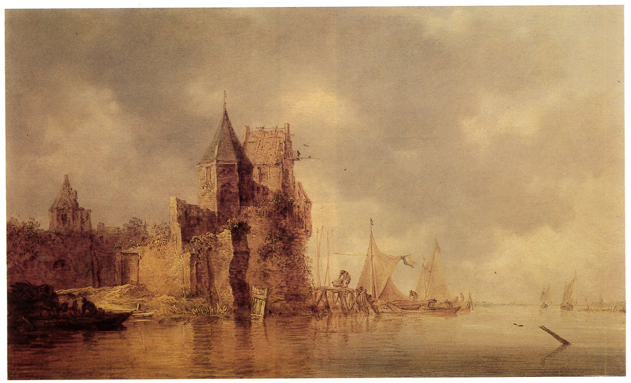 Een middeleeuwse toren op een kasteelwal met zeilschepen aan een steiger en een roeiboot op de voorgrond door Jan Josephsz van Goyen