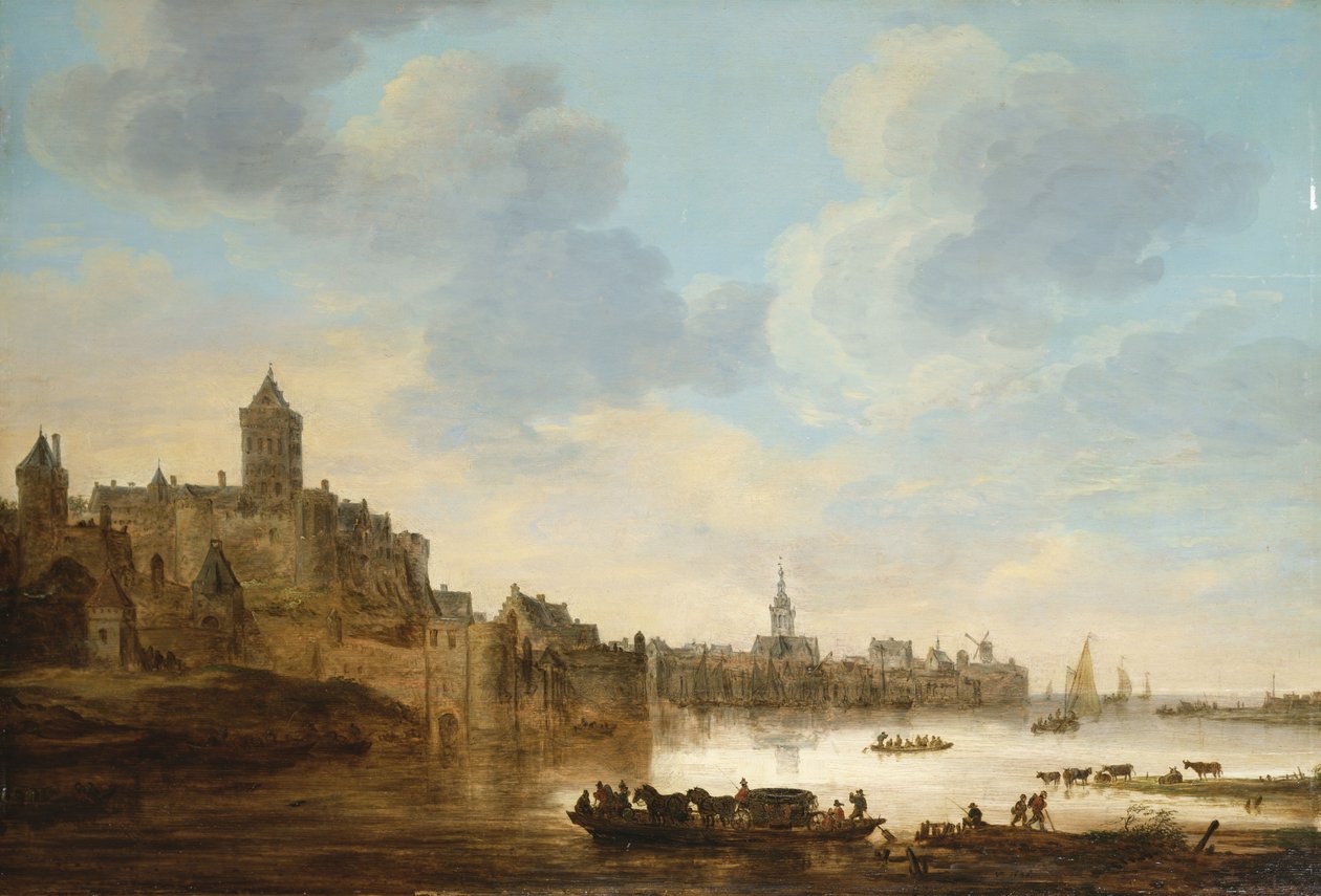 Een Stad aan de Oever van een Rivier, met een Veerboot, 1648 door Jan Josephsz van Goyen