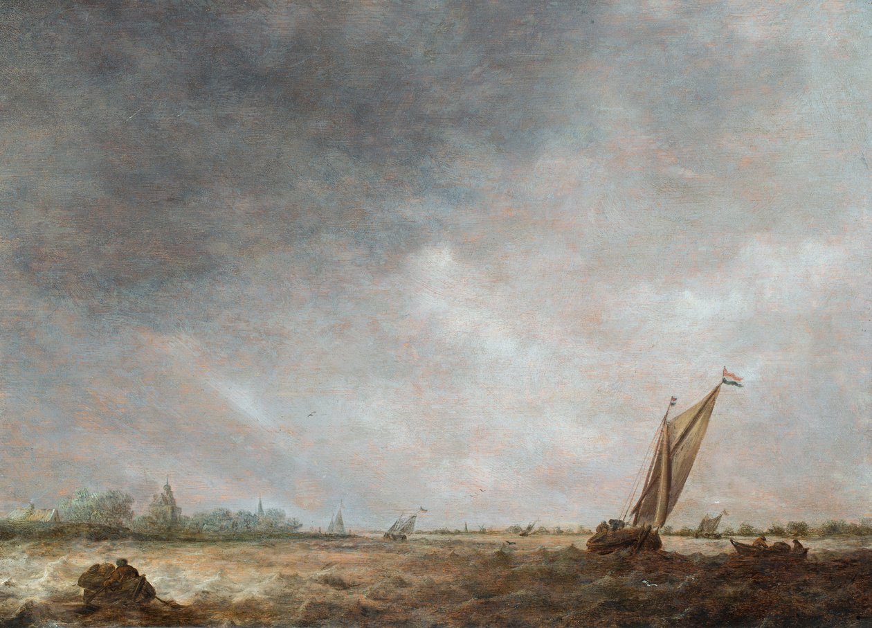 Een estuariumscène met scheepvaart in woelig water (olieverf op paneel) door Jan Josephsz van Goyen