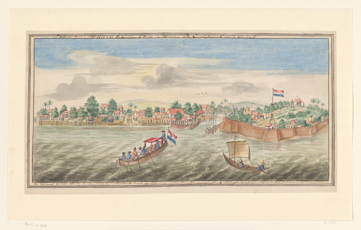 Gezicht op Malakka vanaf zee door Jan Keldermans