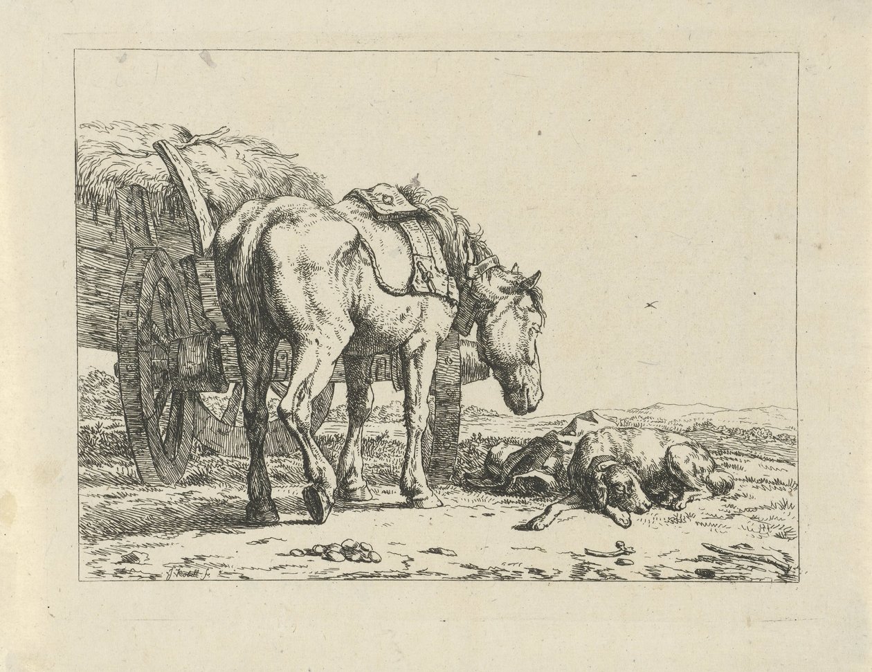 Paard en hond bij een hooiwagen door Jan Kobell (II)