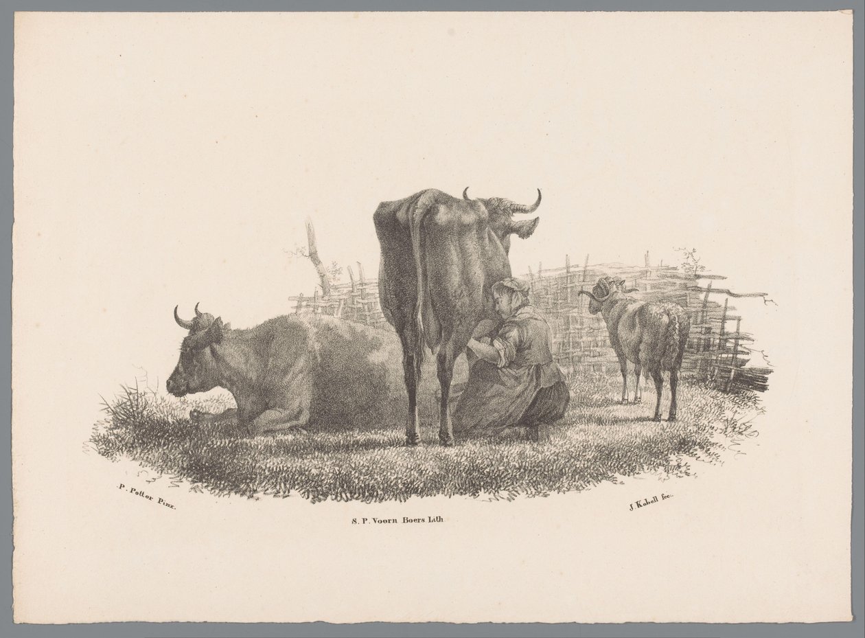 Melkende boerin, twee koeien en een ram (serie: Beesten Studien door J. Kobell naar Paul Potter Nr. 1) door Jan Kobell (III)
