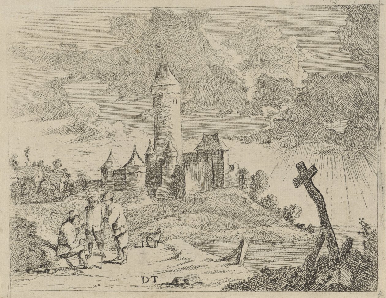Landschap met kasteel en drie mannen door Jan Lauwryn Krafft (I) (possibly)