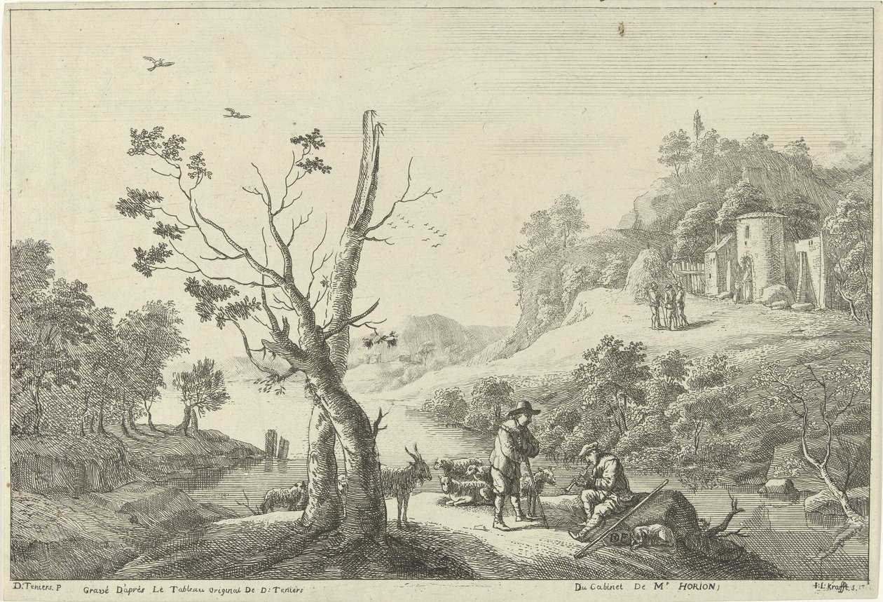 Landschap met een fluitspeler en een herder door Jan Lauwryn Krafft (I)
