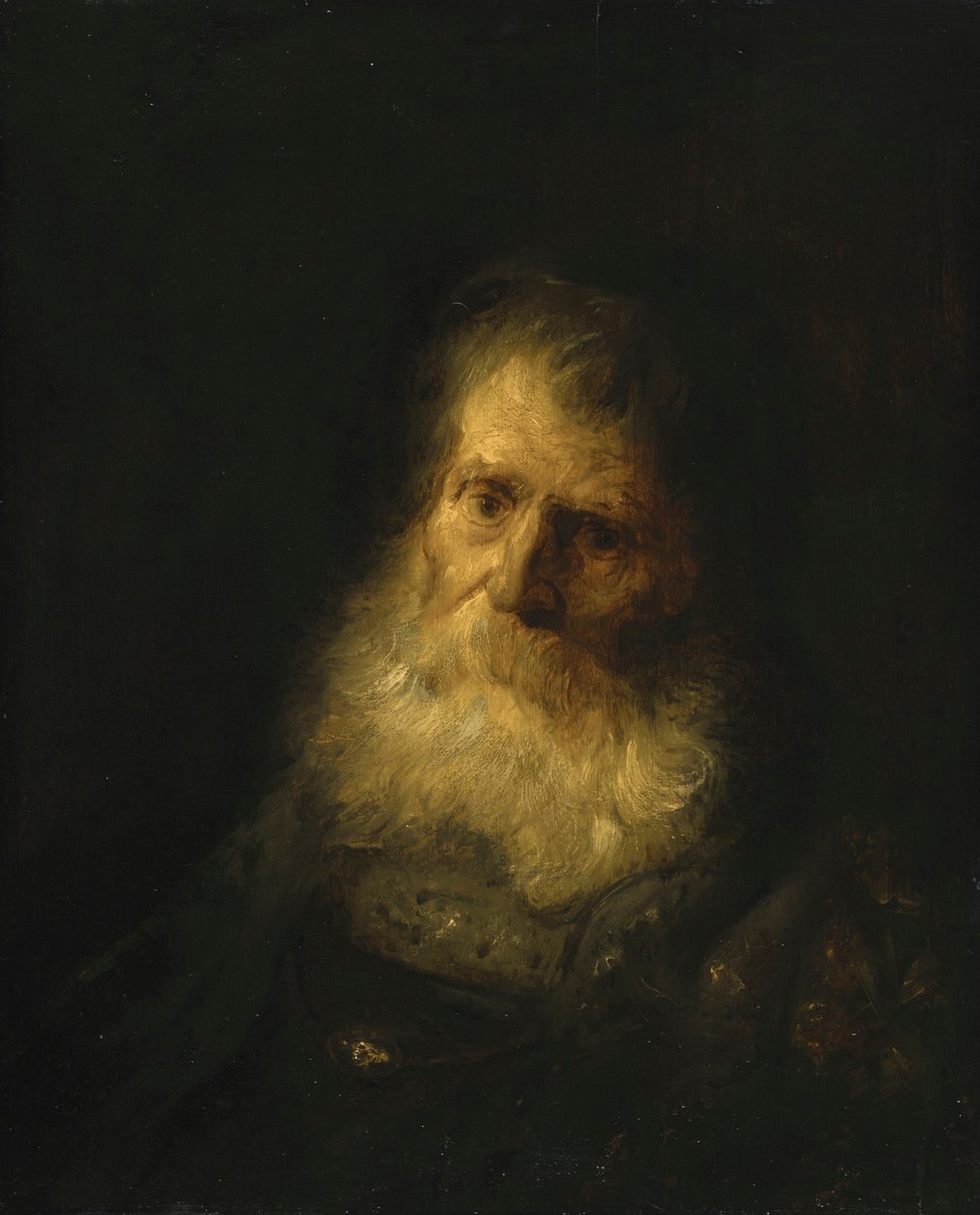 Een Tronie: Het hoofd en de schouders van een oude bebaarde man door Jan Lievens