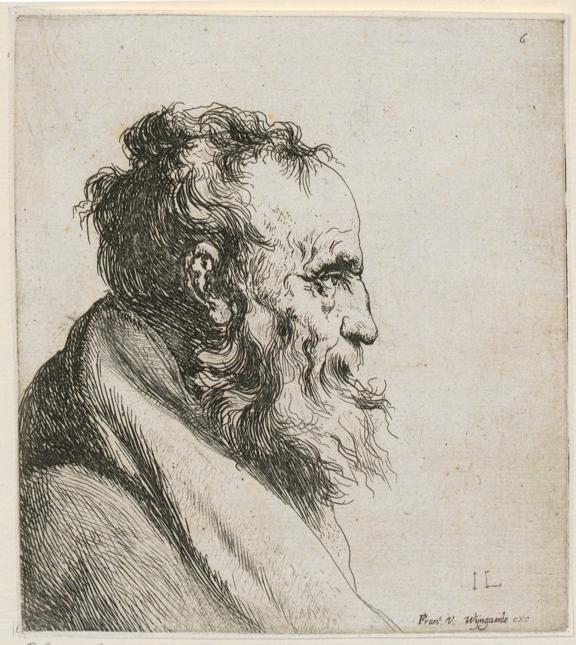 Borstbeeld van een bebaarde, oude man, in profiel naar rechts door Jan Lievens