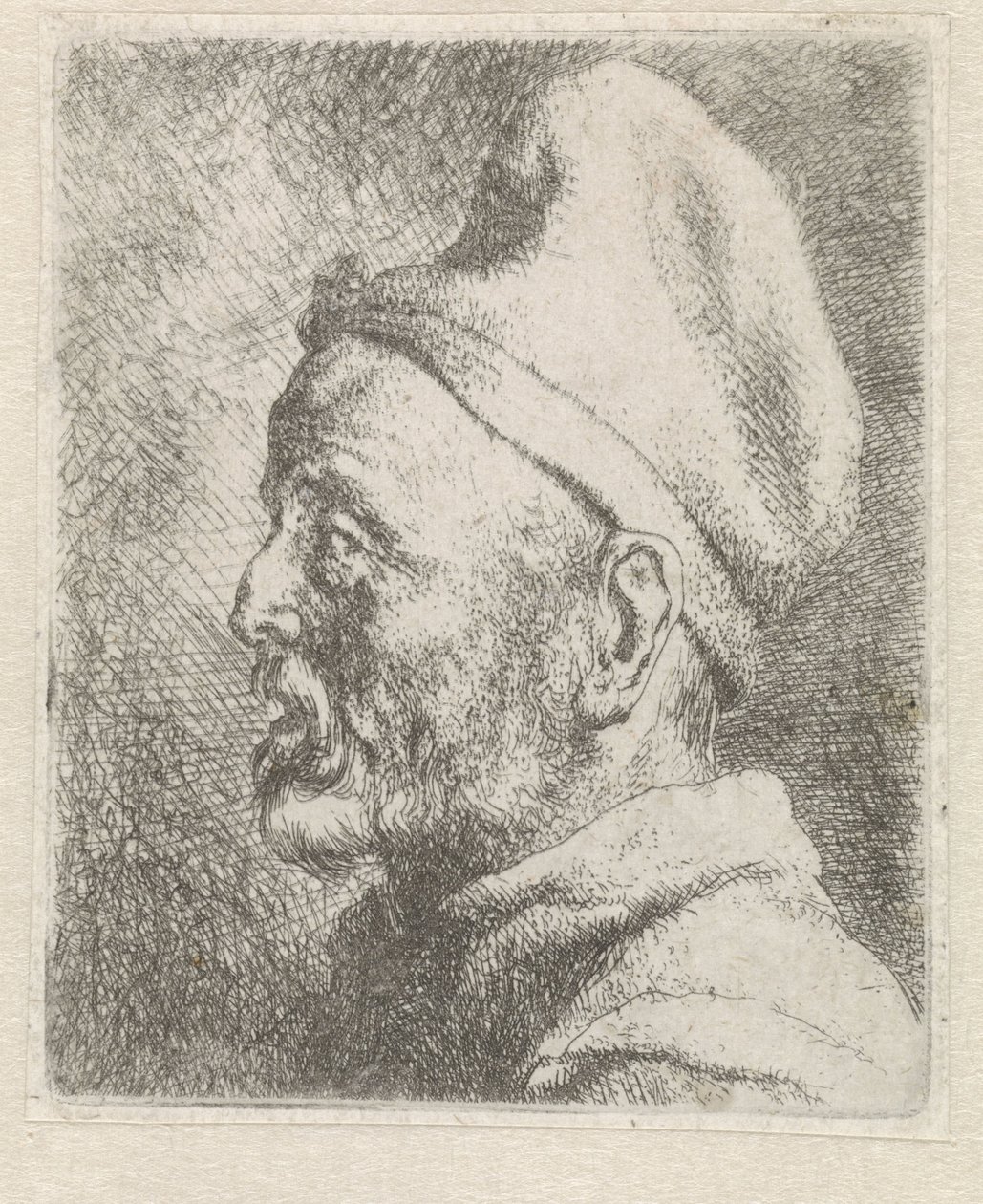 Hoofd van een oude man met hoge muts door Jan Lievens