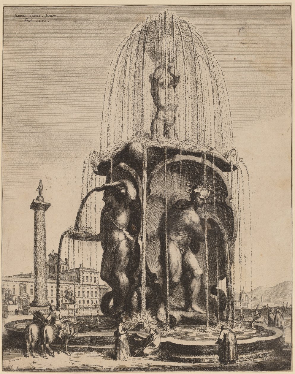 De fontein en de zuil van Trajanus in Rome door Jan Lutma II