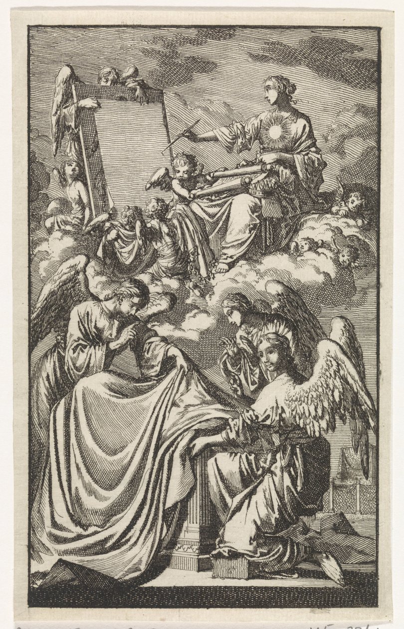 Allegorische vrouwenfiguur beschrijft in de wolken een paneel door Jan Luyken