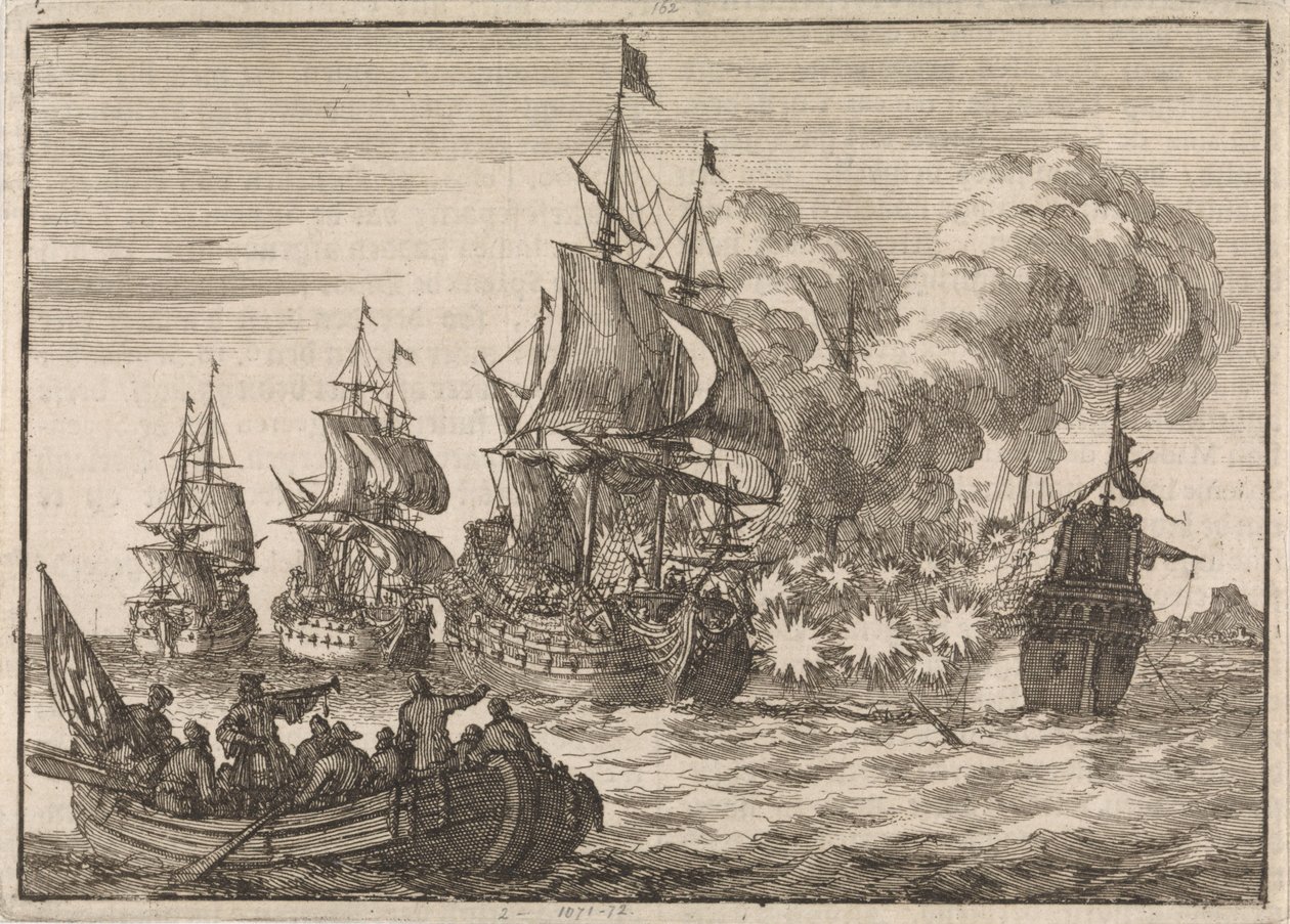 Bij Valencia wordt de Spaanse admiraal Papachino door drie Franse schepen onder admiraal Tourville aangevallen omdat hij niet snel genoeg salueerde, 1688 door Jan Luyken