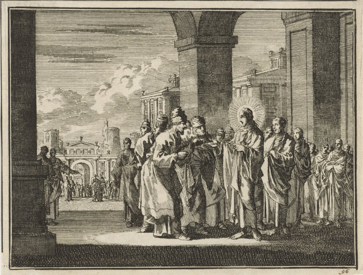 Christus in debat met de farizeeën over de belasting aan de keizer door Jan Luyken