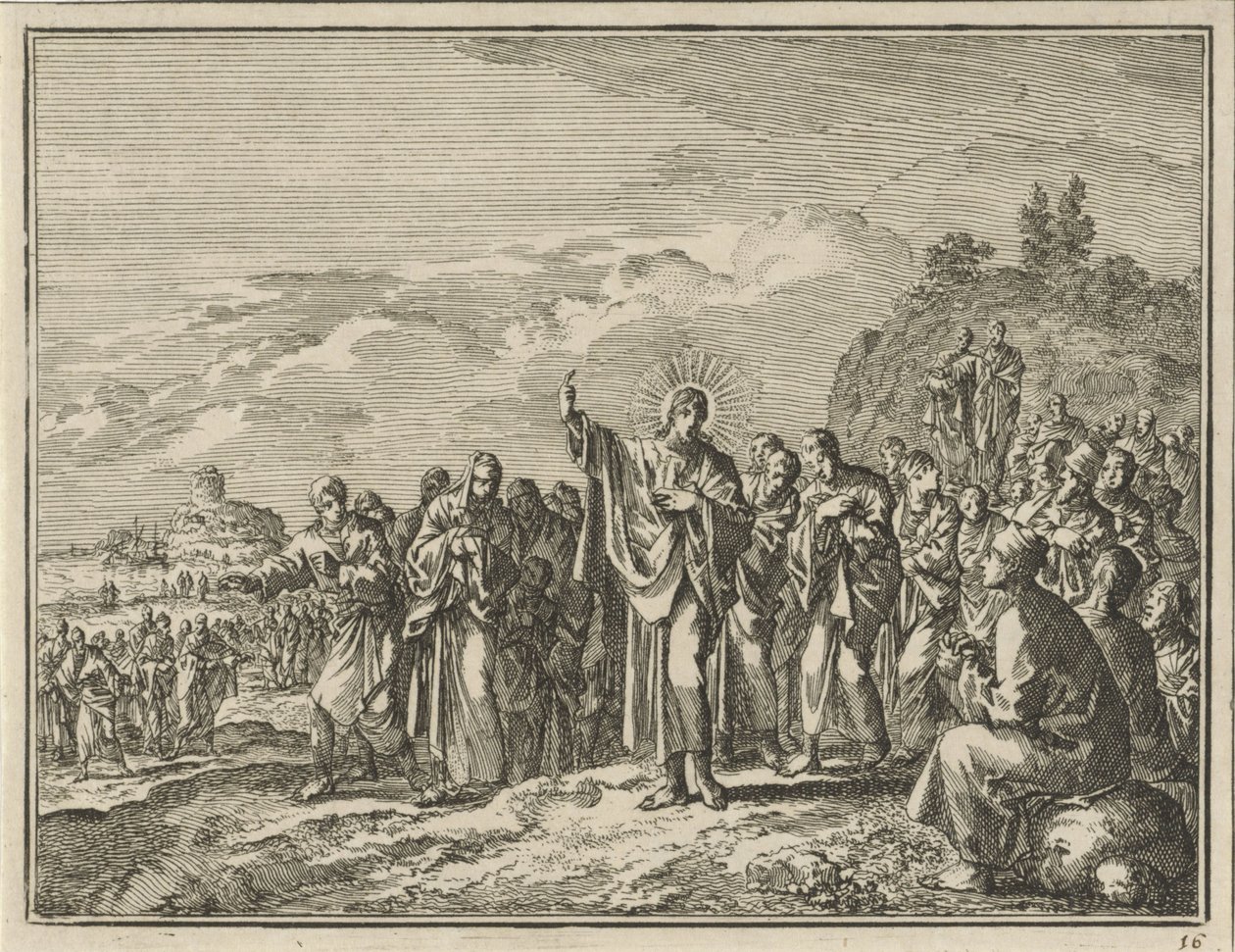 Christus predikend voor een menigte in de openlucht door Jan Luyken