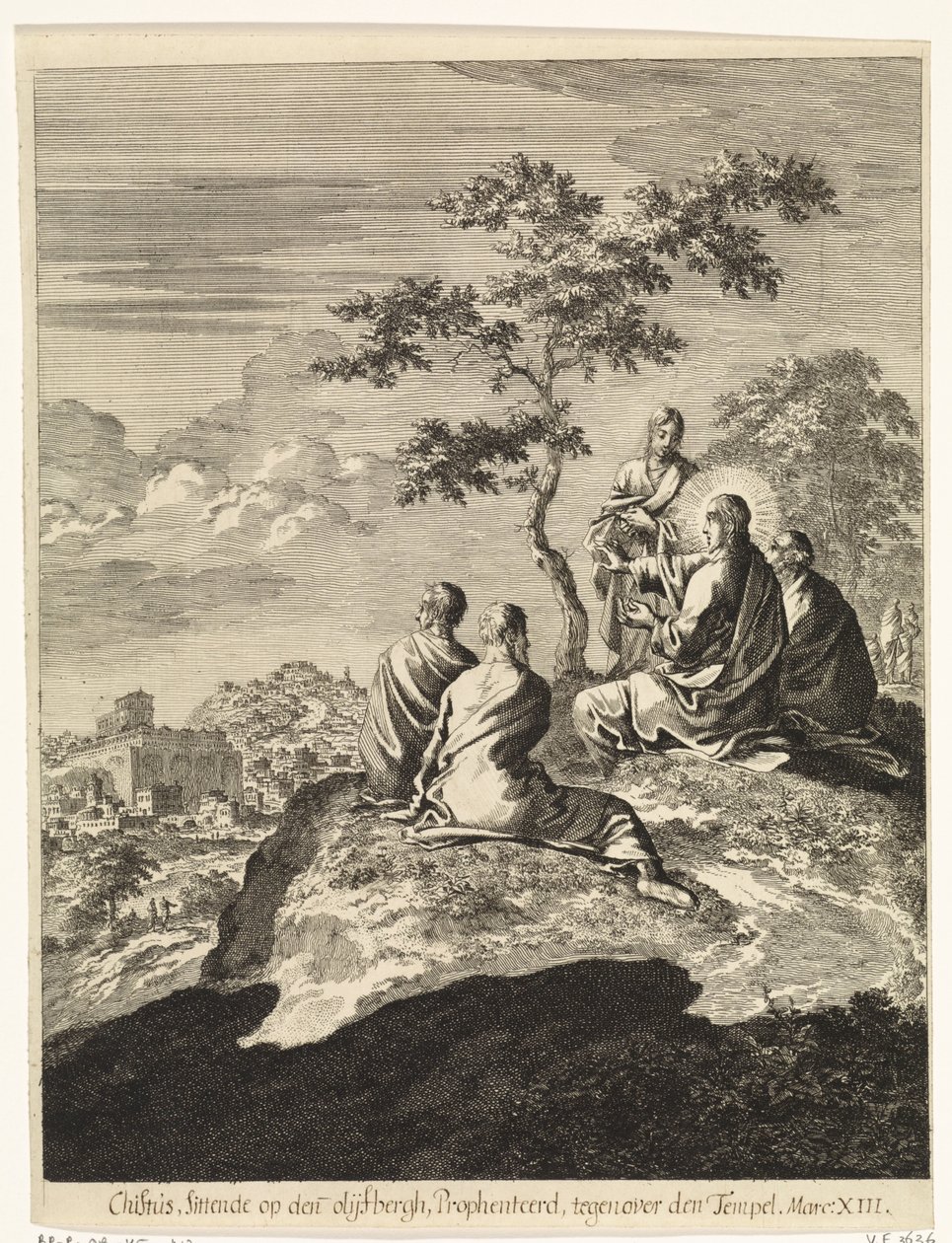 Christus spreekt met Petrus, Jakobus, Johannes en Andreas op de olijfberg door Jan Luyken