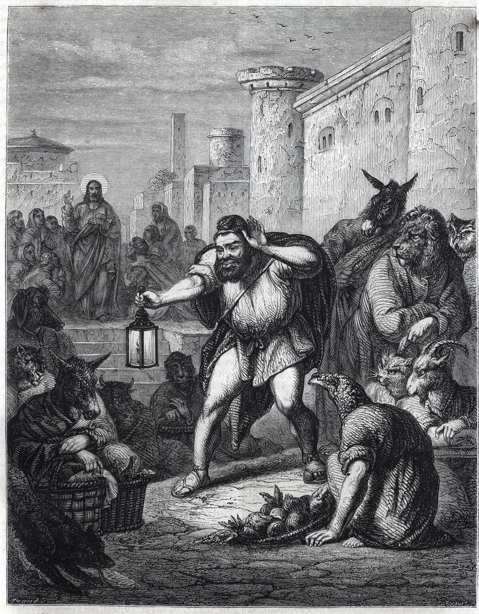 Esop en Christus: de Griekse schrijver Esop (Esop of Esopus, 6e eeuw v.Chr.), met een lantaarn in zijn hand, loopt tussen personages met dierenhoofden op zoek naar "een man". Achter hem zien we Jezus Christus. Illustratie geïnspireerd door de fabel "Esope  door Jan Luyken