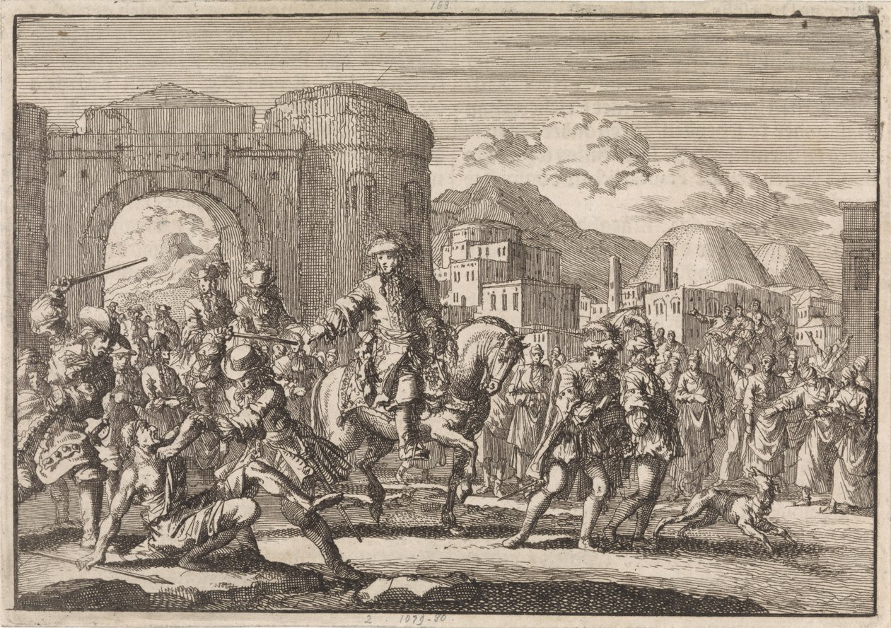 Franse gezant bij de sultan komt te paard Jeruzalem binnen, 1674 door Jan Luyken