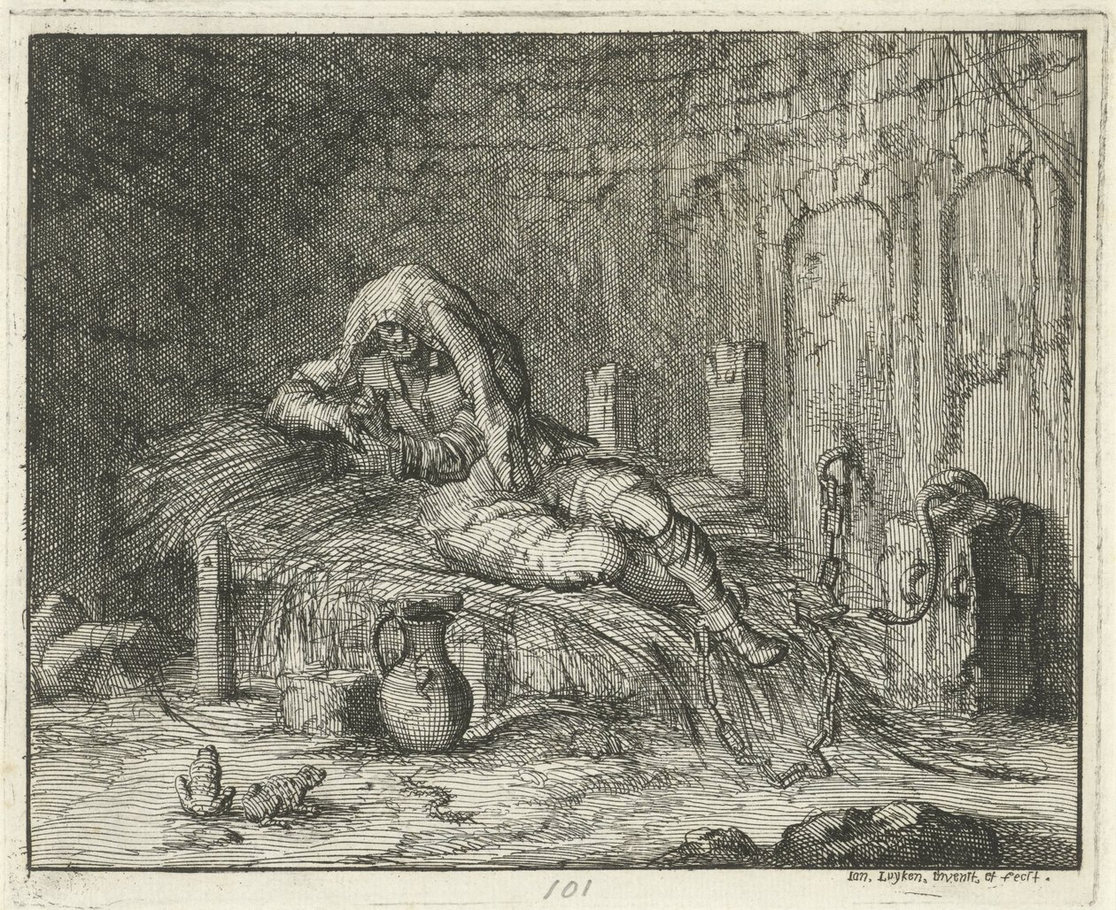 Georg Wanger in de gevangenis te Bressanone, 1591 door Jan Luyken