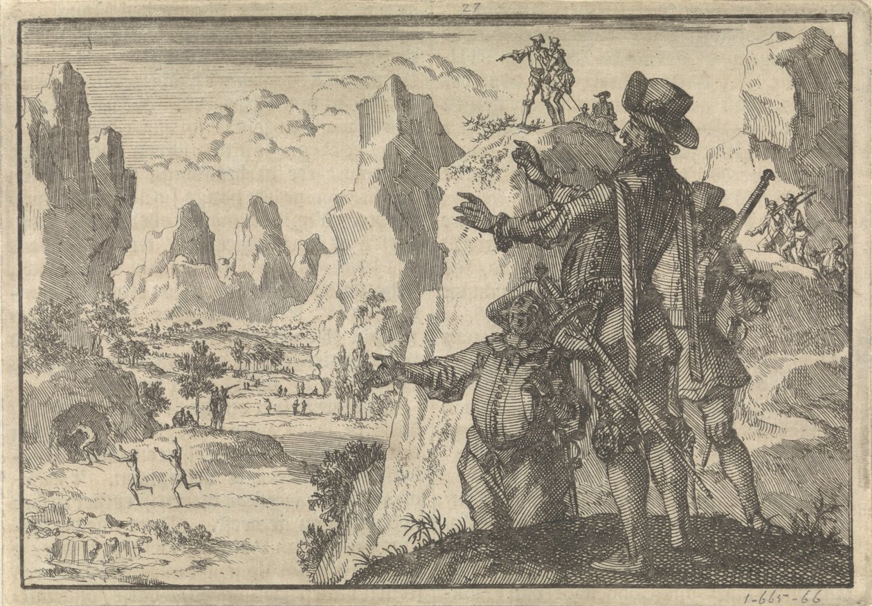 Gewapende Spanjaarden kijken vanaf rotsen neer op geheel wild levende mensen, ca. 1600 door Jan Luyken