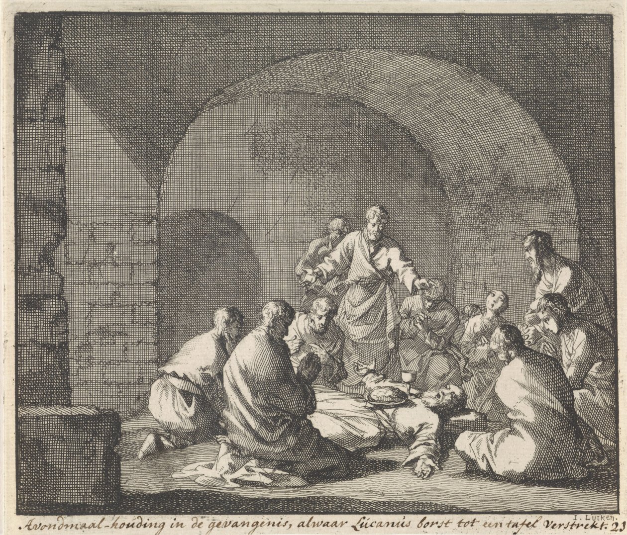 Heilige Lucianus viert het avondmaal in de gevangenis door Jan Luyken