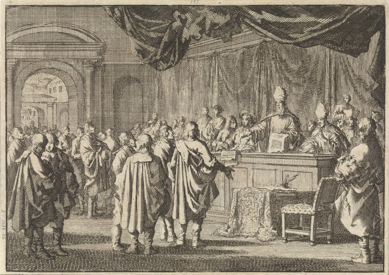 Hervormden in Hongarije voor een rechtbank van bisschoppen en andere Roomsgezinden, 1670 door Jan Luyken