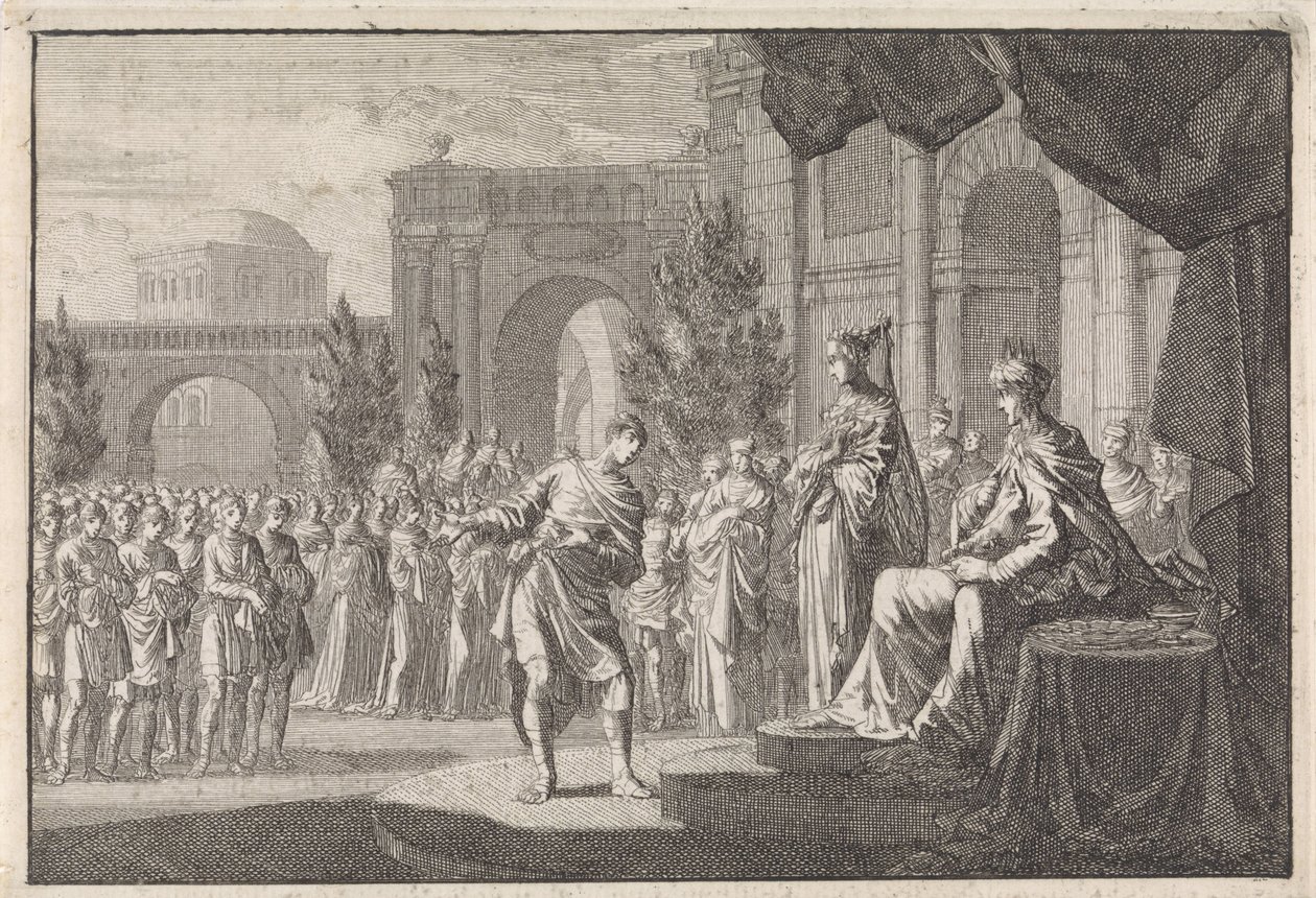 Hyrkanus voor de troon van Ptolemaeus Philadelphus door Jan Luyken