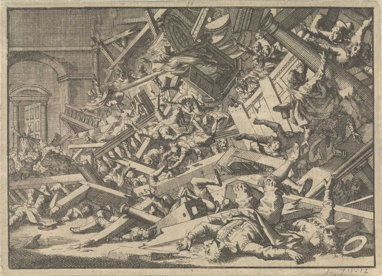 Ingestorte galerij tijdens een katholieke godsdienstoefening in het huis van de Spaanse gezant te Londen, 1623 door Jan Luyken