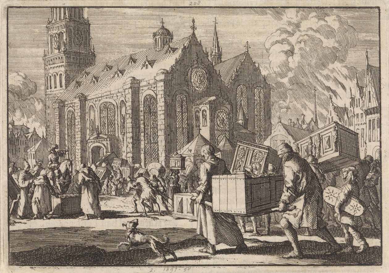 Inwoners van Spiers brengen in goed vertrouwen hun meubelen naar de Dom waar ze vervolgens door de Franse generaal Monclar worden verbrand, 1689 door Jan Luyken