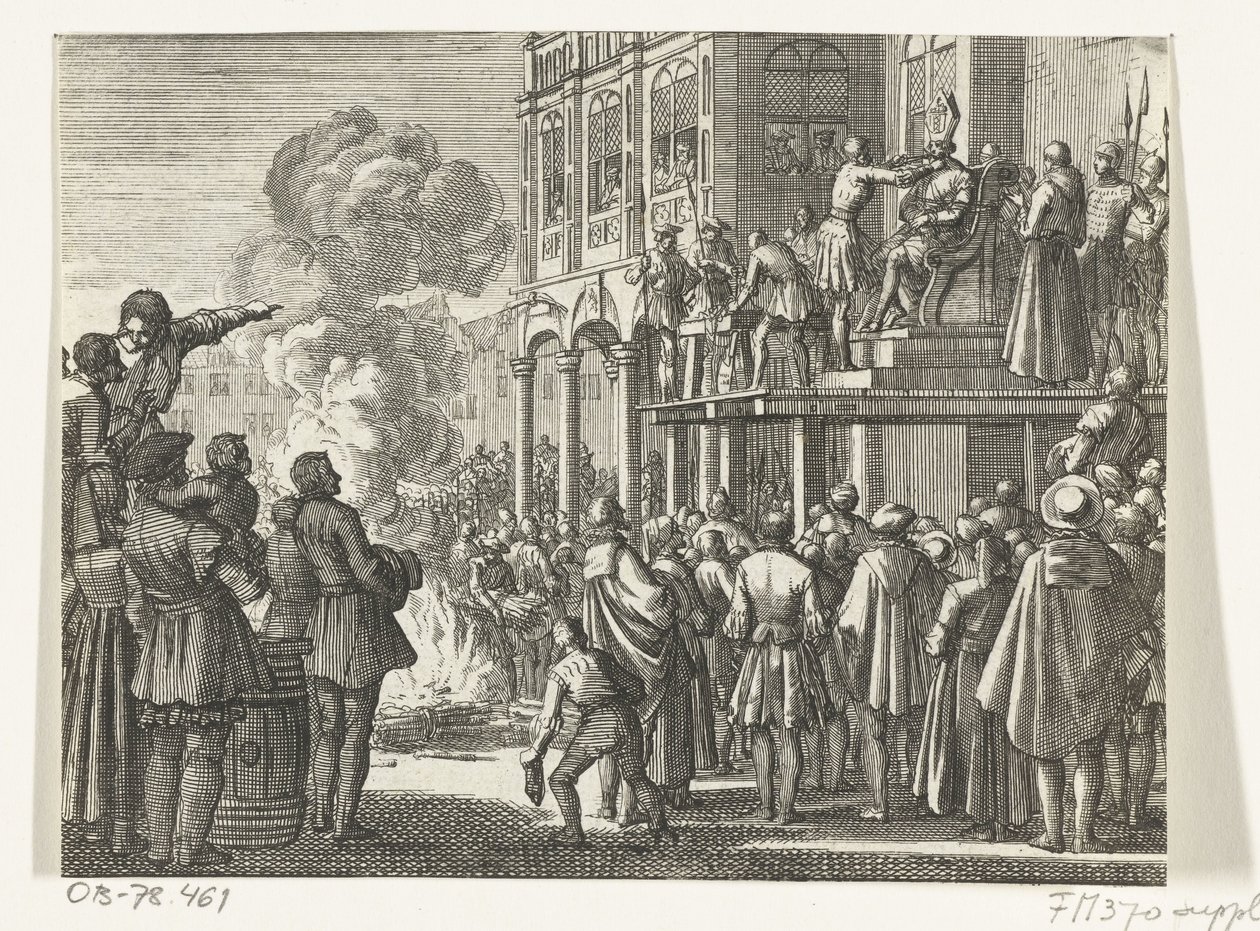 Jacob van Campen met mijter op hoofd op het schavot te Amsterdam, 1535 door Jan Luyken
