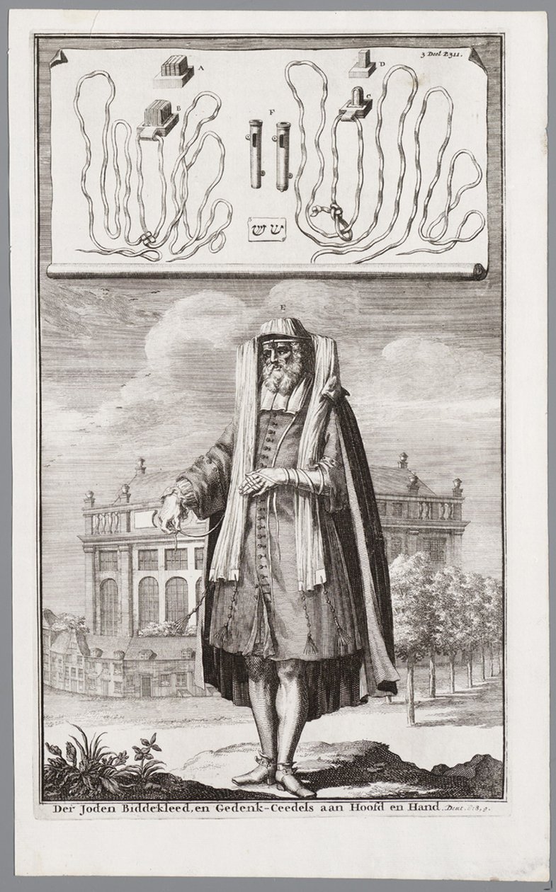 Joodse man, gekleed voor gebed. Op de achtergrond de Portugese Synagoge van Amsterdam door Jan Luyken