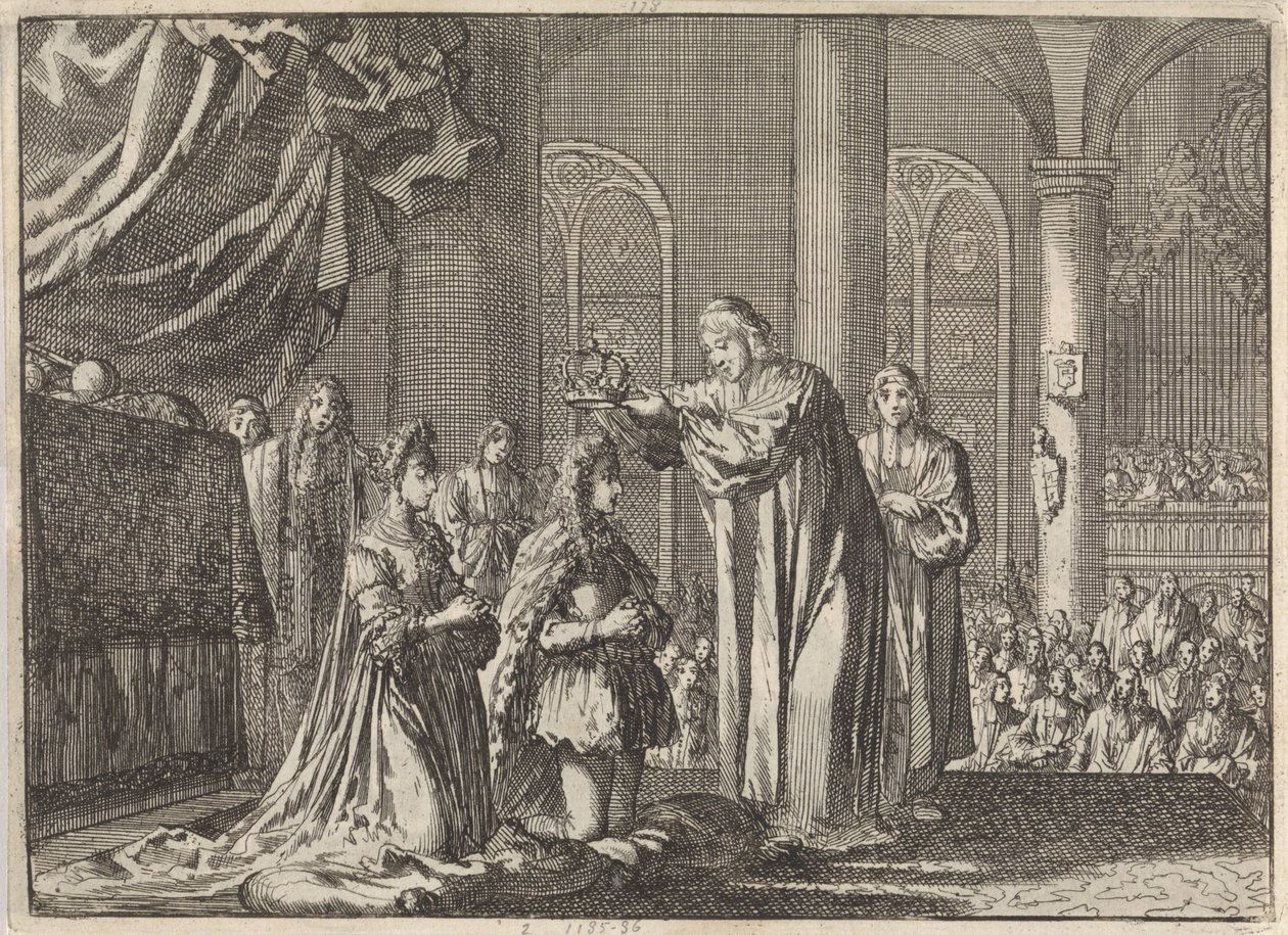 Kroning van Willem III en Maria II Stuart door de aartsbisschop van Canterbury, 1689 door Jan Luyken