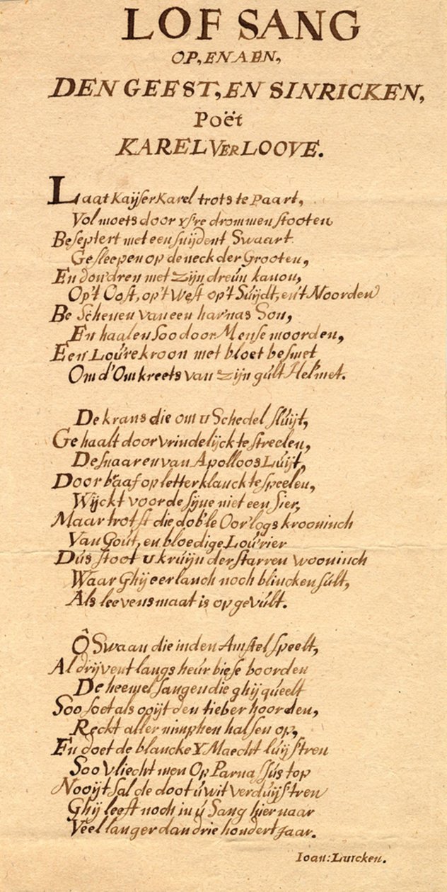 Omslag met handgeschreven gedicht van Jan Luyken voor Karel Verloove door Jan Luyken