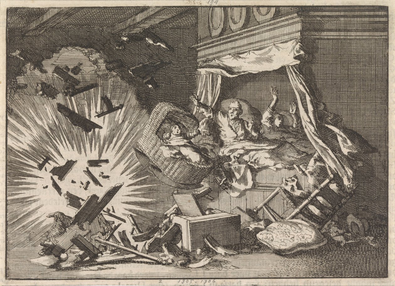 Ontploffing van een bom in een huis aan de Ebbingestraat te Groningen, 1672 door Jan Luyken