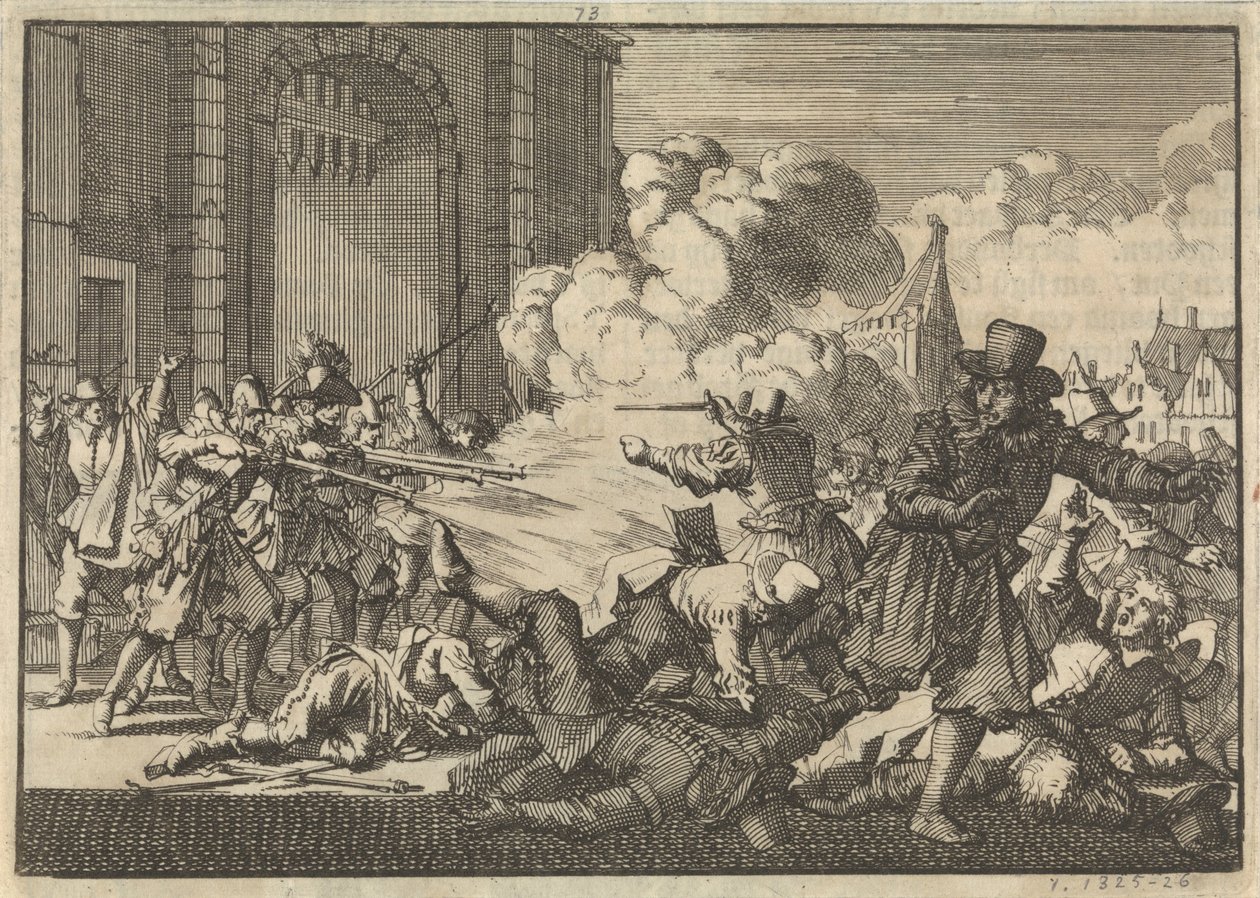 Oproer in Rotterdam naar aanleiding van het gevangennemen van een remonstrantse predikant, 1621 door Jan Luyken
