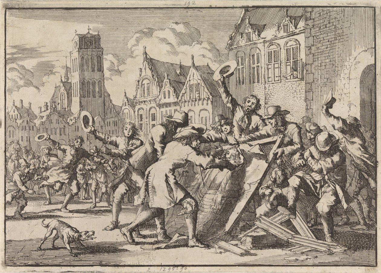 Oproer te Dordrecht waarbij een afbeelding van Cornelis de Witt door het volk wordt vernield, 1672 door Jan Luyken