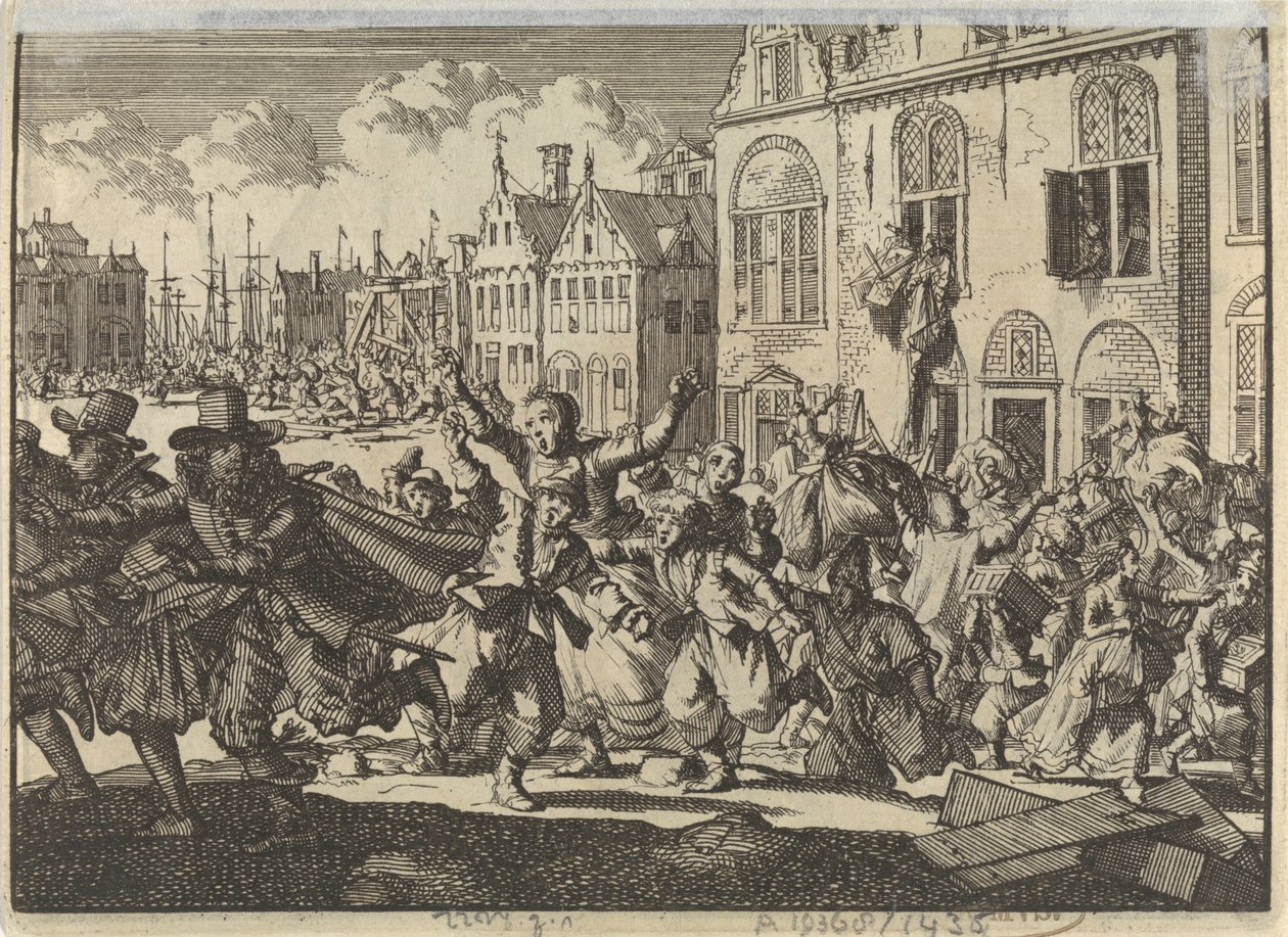 Oproer te Enkhuizen waarbij de huizen van vice-admiraals Kwast en Turk worden vernield, 1635 door Jan Luyken