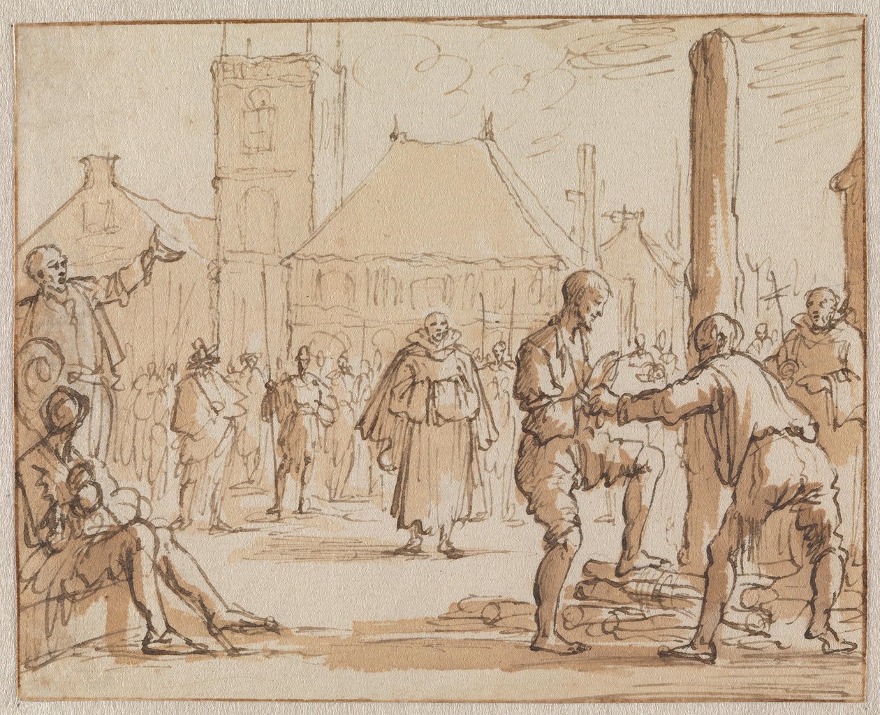 Pieter Bekjen beklimt de brandstapel in Amsterdam in 1569 door Jan Luyken