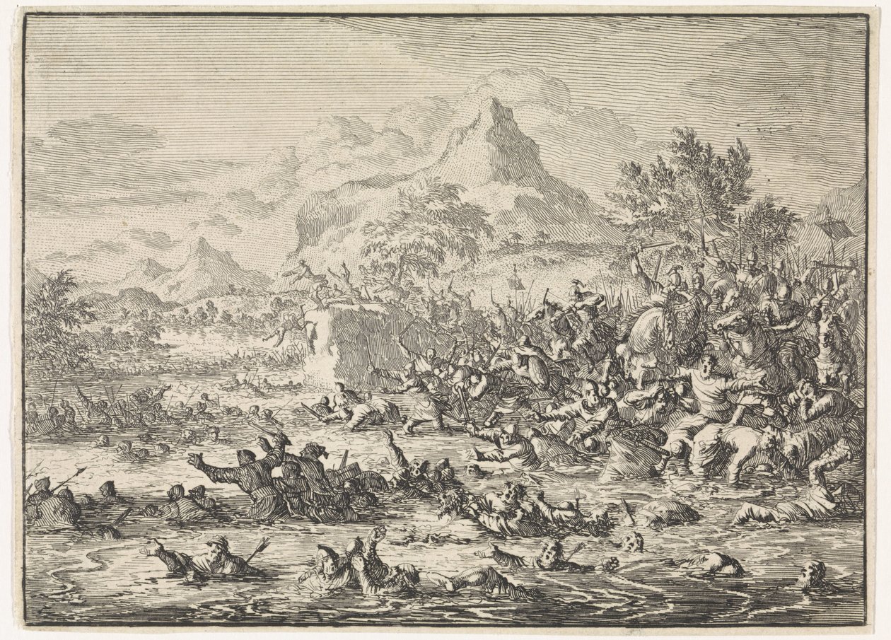 Placidus verslaat de Joden bij de Jordaan en drijft ze in de rivier door Jan Luyken