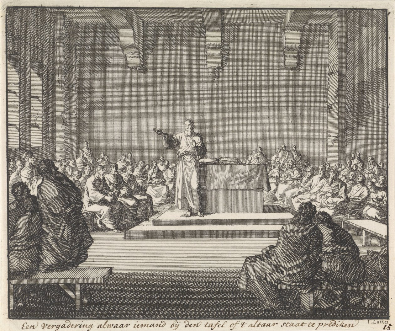Preek door een priester bij een altaar door Jan Luyken