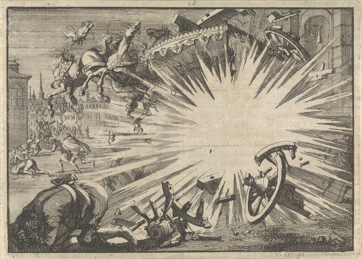 Rijtuig en de paarden van koning Lodewijk XIII door ontploffing van een helse machine vernield, ca. 1625 door Jan Luyken