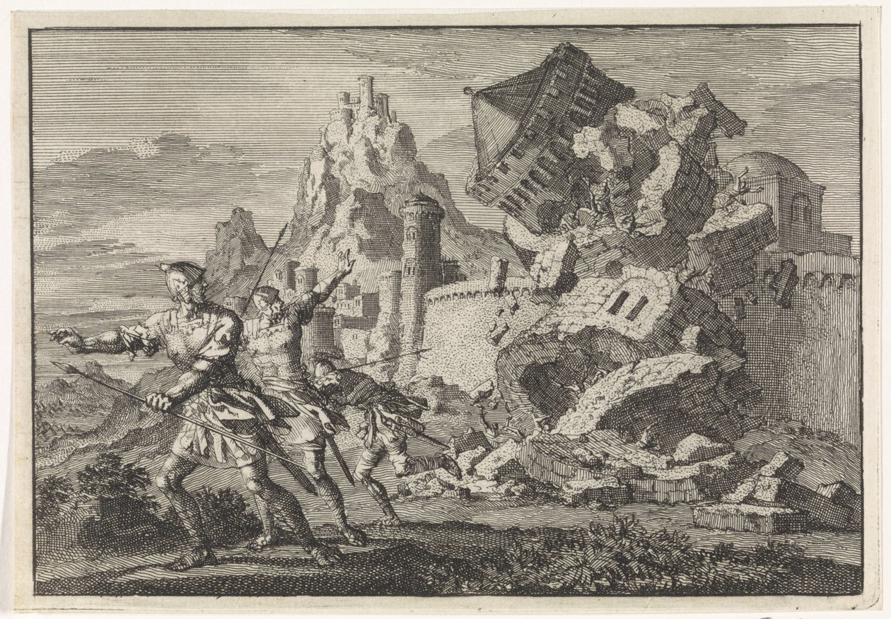 Romeinse soldaten hebben een toren op de muur van Gamala door ondergraving doen instorten door Jan Luyken