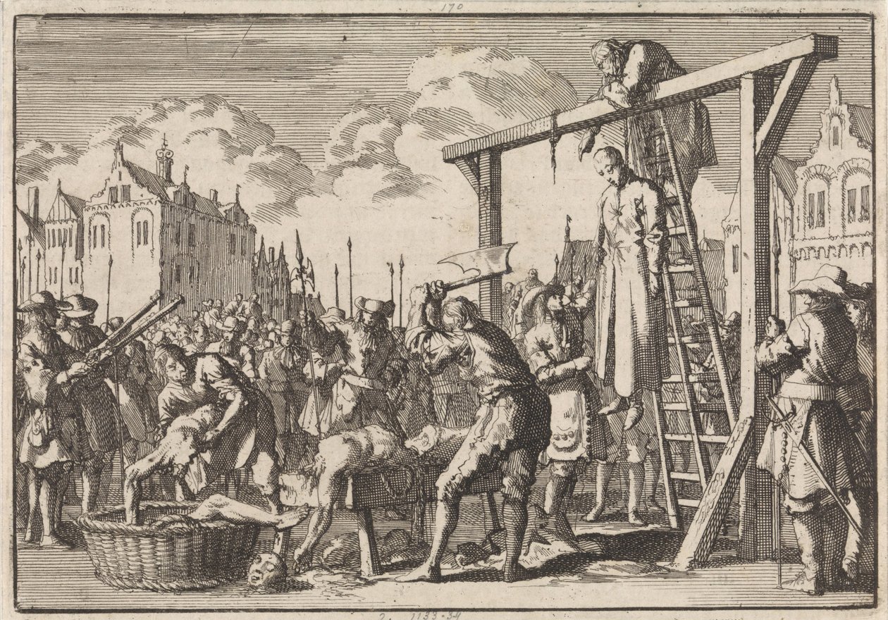 Te Londen wordt de Jezuïet William Ireland opgehangen en John Grove wordt gevierendeeld vanwege een voorgenomen koningsmoord, 1679 door Jan Luyken