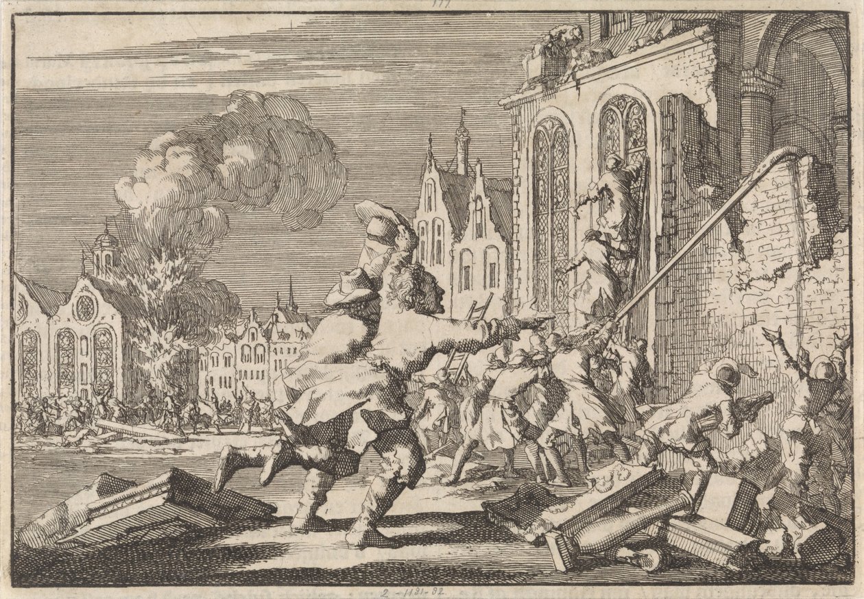 Vernielen van katholieke kapellen te Londen, 1688 door Jan Luyken