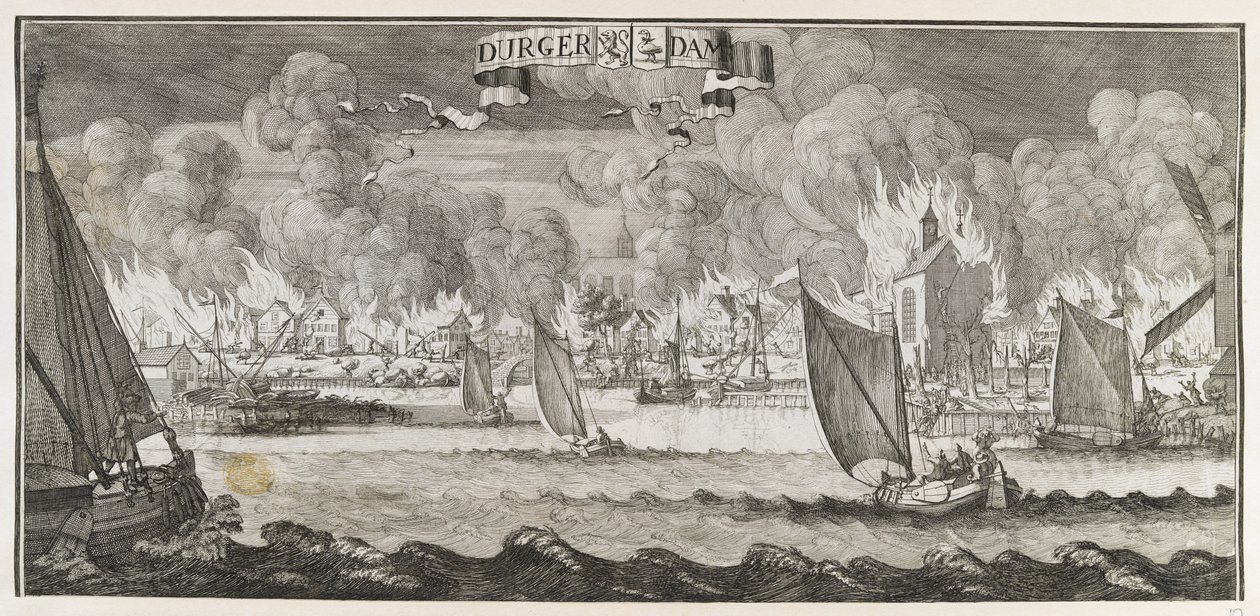 Uitzicht op het dorp Durgerdam, nabij Amsterdam, tijdens de brand van 1687 (gravure) door Jan Luyken