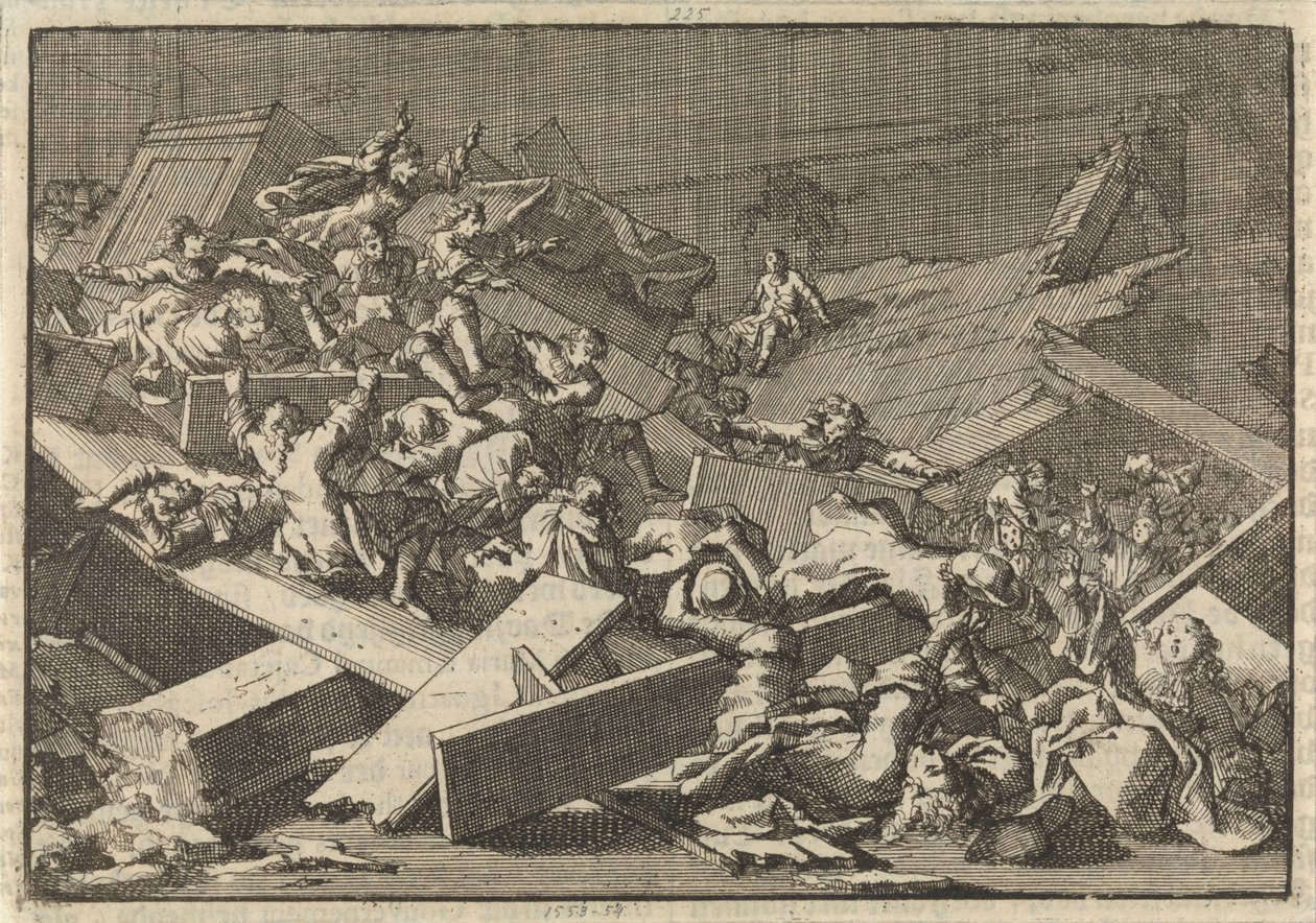 Vloer van de huiskerk van de keizerlijk gevolmachtigde graaf von Bercka stort in, 1697 door Jan Luyken