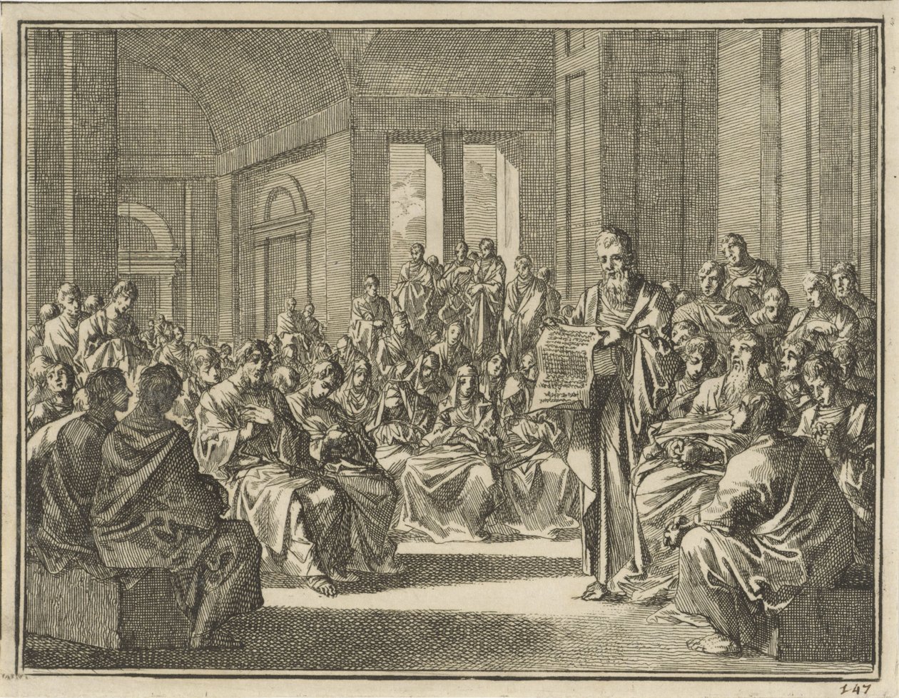 Voorlezing van een zendbrief voor een grote menigte Christenen door Jan Luyken
