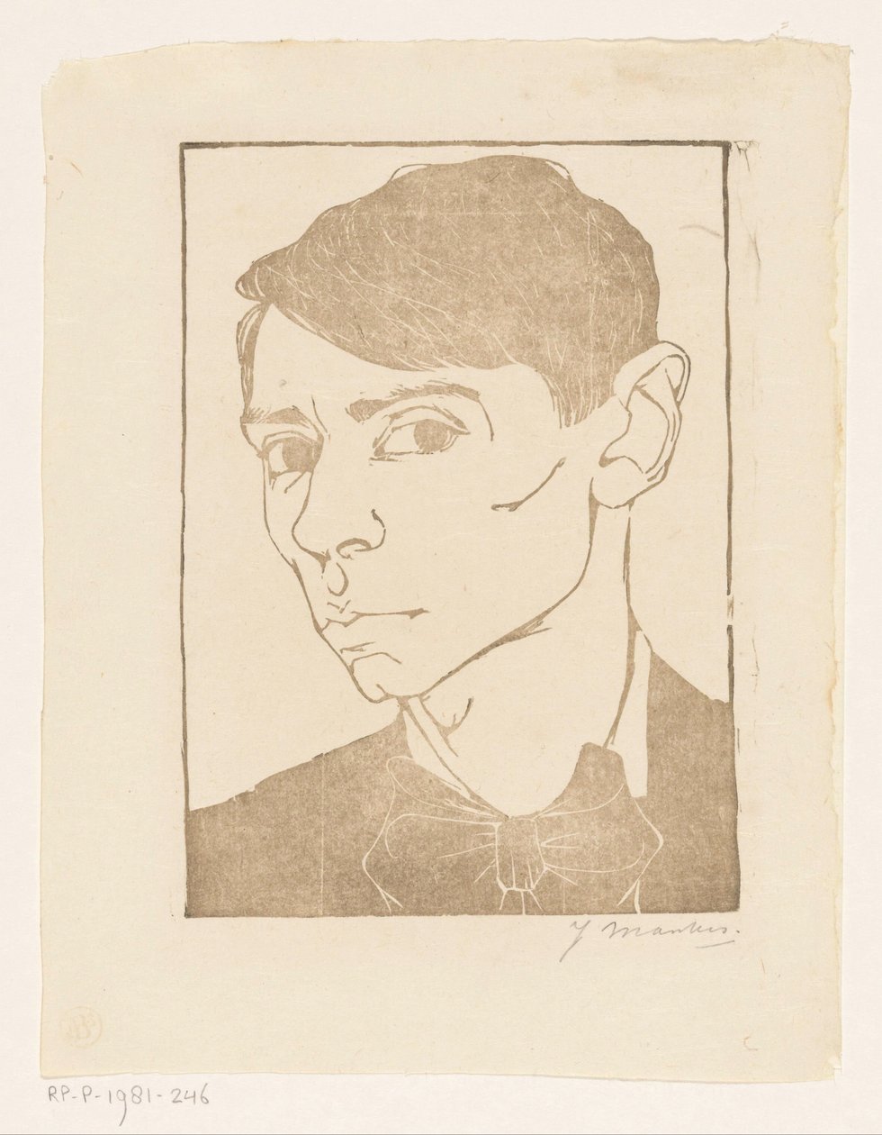 Zelfportret met vlinderdas door Jan Mankes (signed by artist)