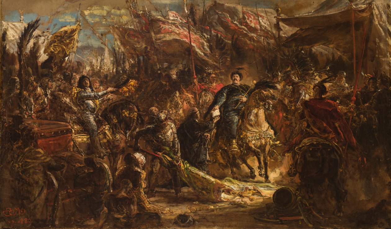 Jan III Sobieski overhandigt kanunnik Denhoff een brief aan de paus met het bericht van de overwinning op de Turken bij Wenen in 1683 door Jan Matejko