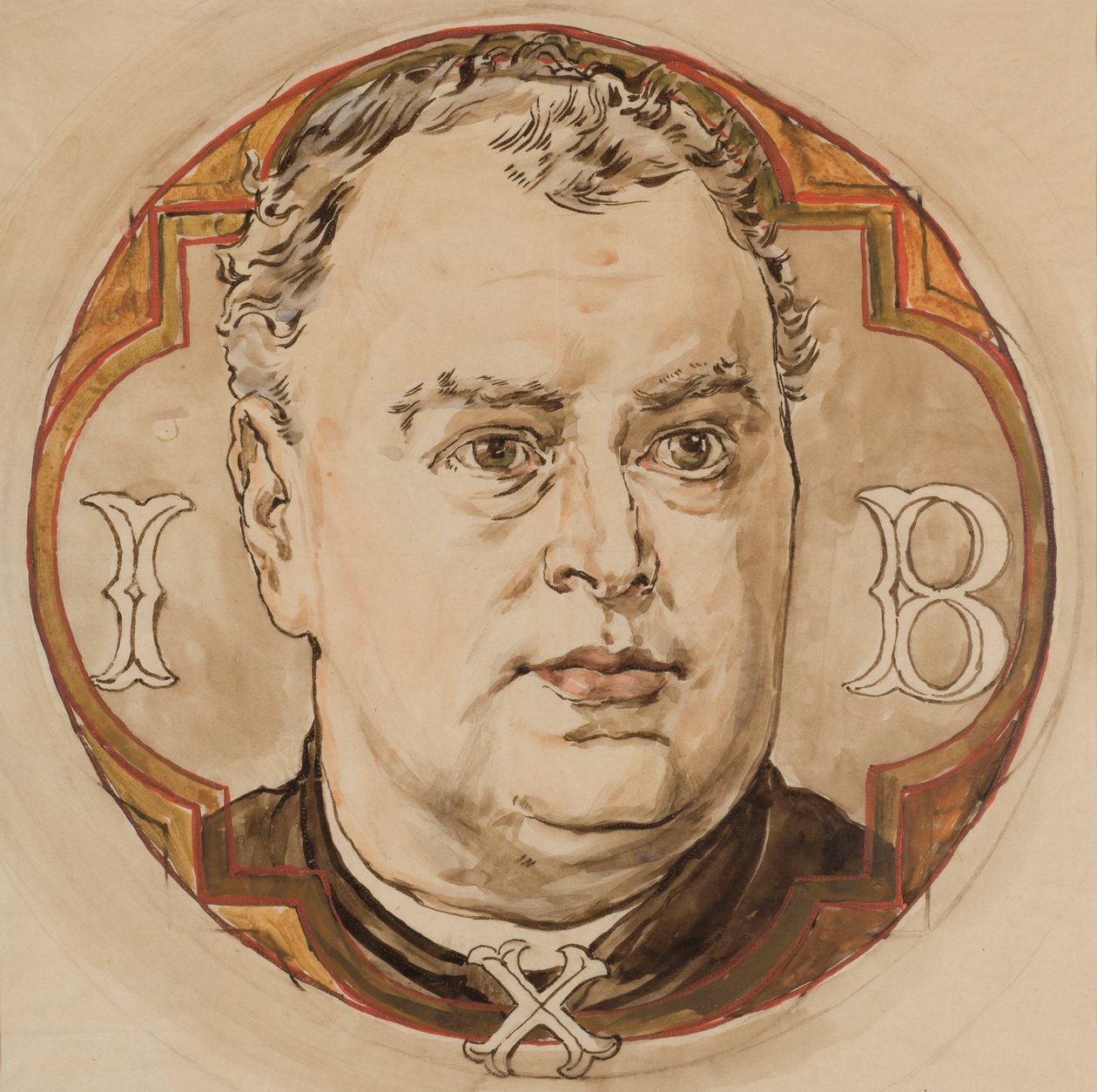 Kartonnen ontwerp voor de polychromie van de Mariakerk - Mannenhoofd en de letters “I, B, X” (pastoor Jan Bukowski) door Jan Matejko