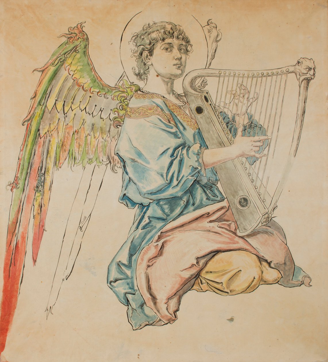 Kartonschets voor de polychromie van de Mariakerk - Figuur van een engel die luit speelt door Jan Matejko
