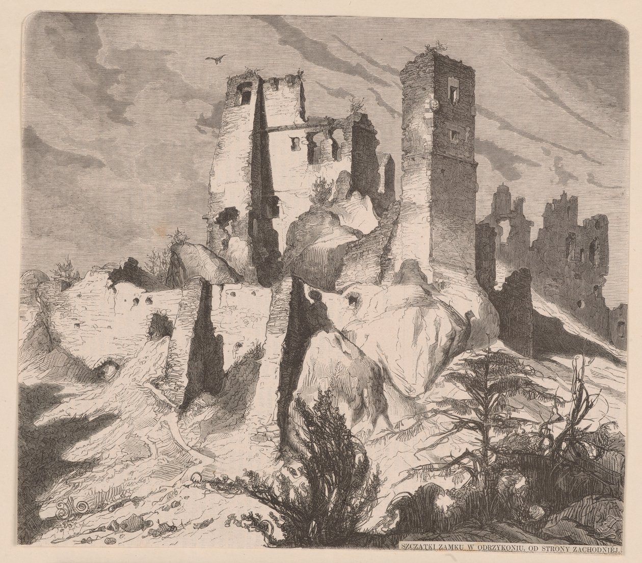 Ruïnes van het kasteel in Odrzykoń, 1865 - houtsnede naar een tekening van Jan Matejko door Jan Matejko