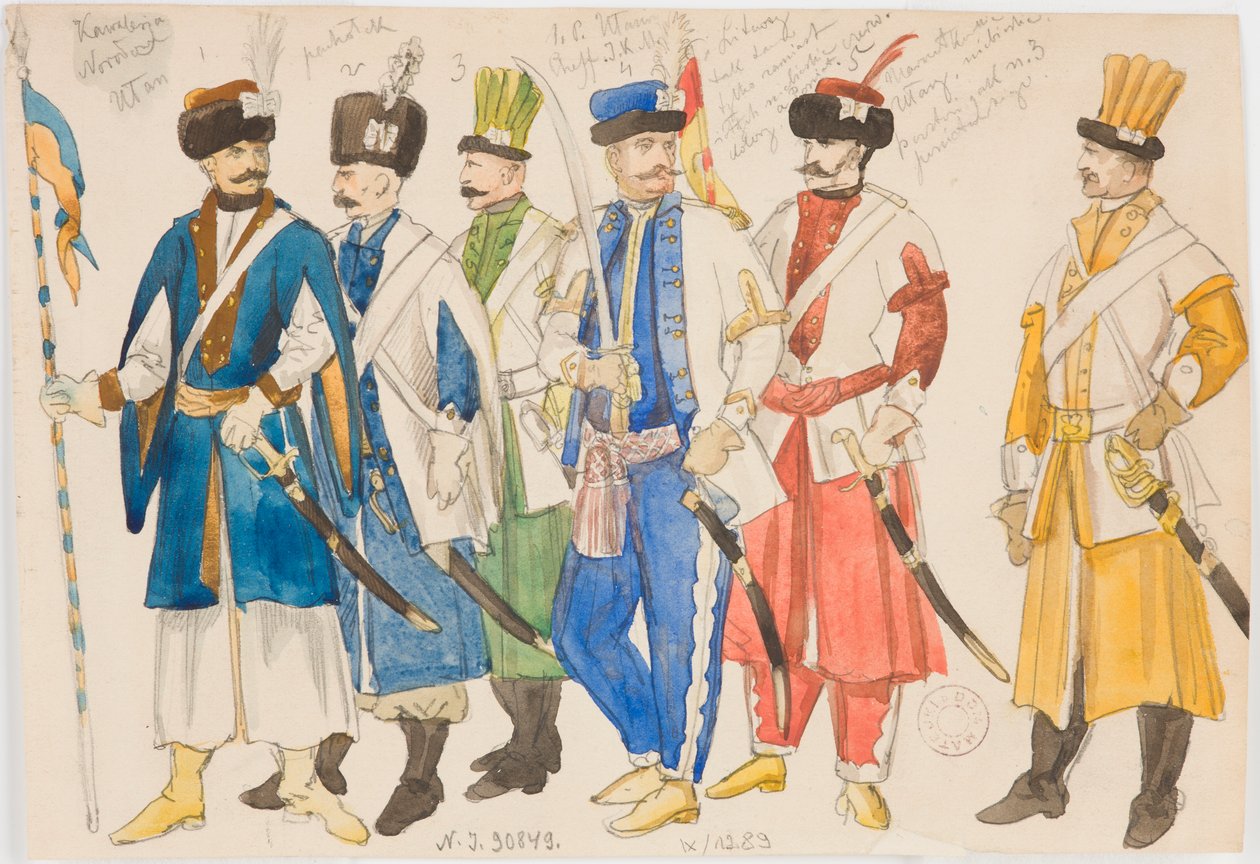 Kostuumstudies – Een reeks mannelijke figuren in militaire uniformen door Jan Matejko
